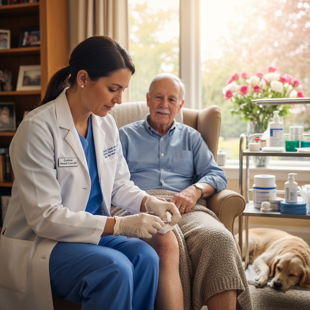 Create an image of a Wound Care Nurse Practitioner providing care to a patient in a private home setting